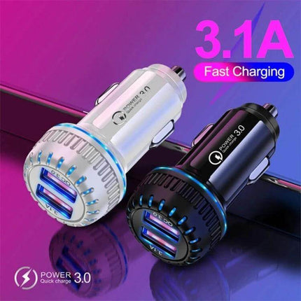 Car Charger With QC3.0 Dual USB Ports And 1m 8 Pin Cable - compact fast car charger with dual USB ports and 1m 8‑pin cable for simultaneous smartphone and tablet charging