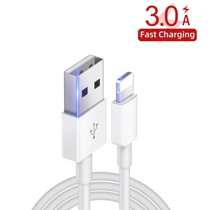 Car Charger With QC3.0 Dual USB Ports And 1m 8 Pin Cable - white USB to 8‑pin 1m cable showing dual-port fast charging compatibility