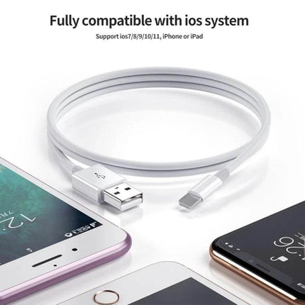 Car Charger With QC3.0 Dual USB Ports And 1m 8 Pin Cable - white USB to 8-pin cable shown with smartphones for fast in-car charging