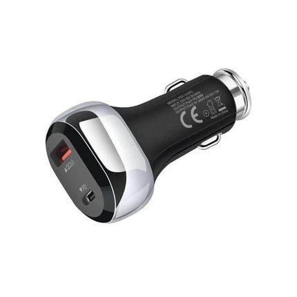 Car Charger With Dual USB Ports For Phones And Tablets compact black USB-C PD and USB-A QC car adapter for phones and tablets