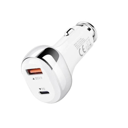 Car Charger With Dual USB Ports For Phones And Tablets compact white USB-C PD and USB-A QC car adapter for phones and tablets