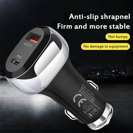Car Charger With Dual USB Ports For Phones And Tablets - compact car adapter with USB-C PD and USB-A QC ports for phones and tablets