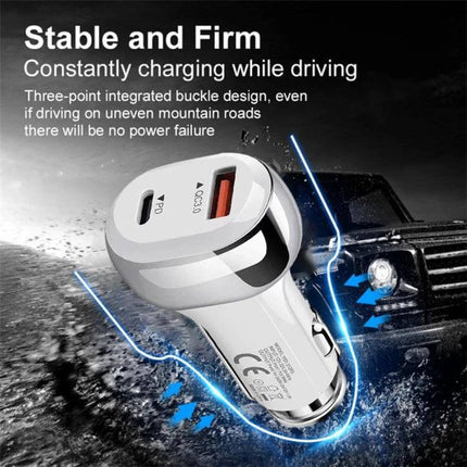Car Charger With Dual USB Ports For Phones And Tablets – compact USB-C PD and USB-A QC car charger for stable on-the-go charging
