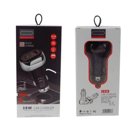 Car Charger With Dual USB Ports For Phones And Tablets - 38W USB-C PD and USB-A QC car charger in retail box