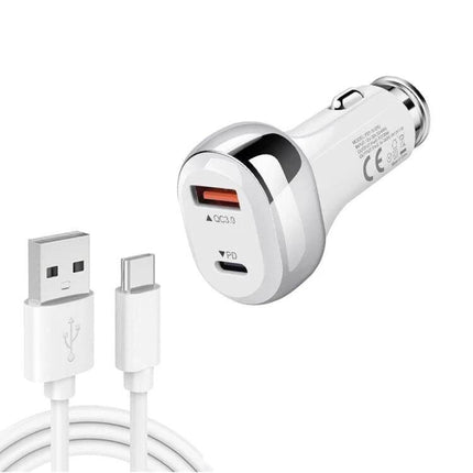 Compact Car Charger With PD 20W USB-C For On-The-Go — white 38W dual-port car charger (PD 20W + QC3.0 18W) with USB-C cable