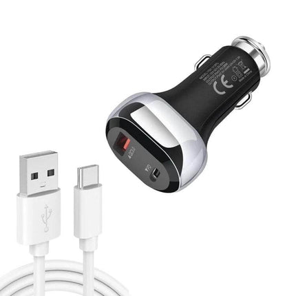 Compact Car Charger With PD 20W USB-C For On-The-Go – compact 38W car charger with PD 20W USB-C and QC3.0 port, includes USB-C cable