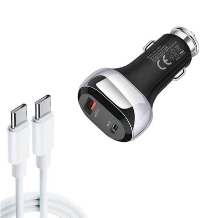 Car Charger With PD 20W For Phones And Tablets On The Go - compact dual-port car charger PD 20W + QC3.0 18W, USB-C cable included