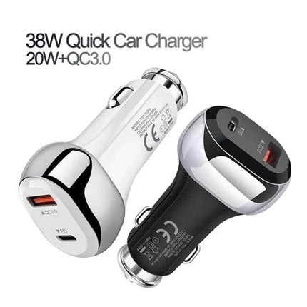 Car Charger With PD 20W For Phones And Tablets On The Go white and black dual-port 38W in-car fast charger (PD 20W + QC3.0 18W)
