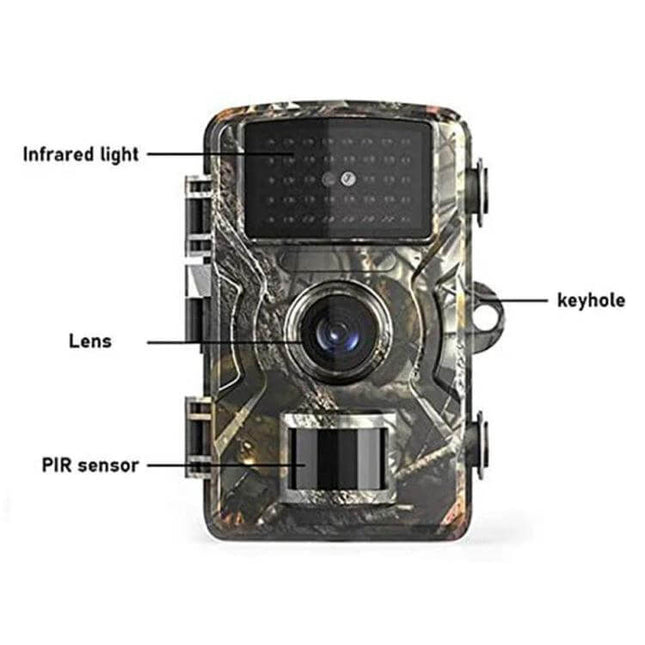Hunting Trail Camera for Outdoor Wildlife Monitoring - camo 12MP trail camera with lens, PIR sensor, infrared lights and keyhole for weatherproof outdoor surveillance