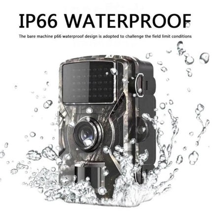 Hunting Trail Camera for Outdoor Wildlife Monitoring showing IP66 waterproof trail camera splashing water, 12MP photos and 1080P video