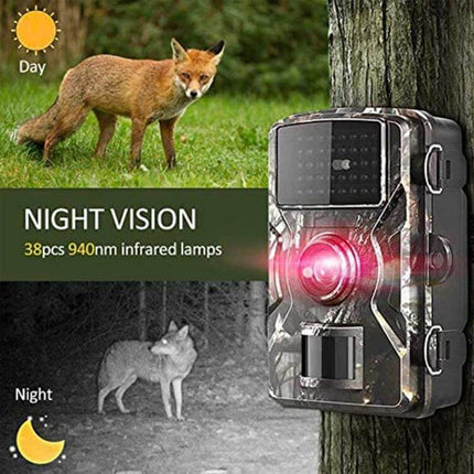 Hunting Trail Camera for Outdoor Wildlife Monitoring capturing daytime fox and night vision infrared coyote on tree-mounted cam