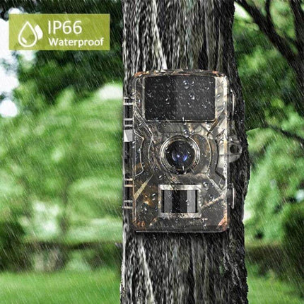 Hunting Trail Camera for Outdoor Wildlife Monitoring mounted on tree in rain, IP66 waterproof, 12MP photos and 1080P video