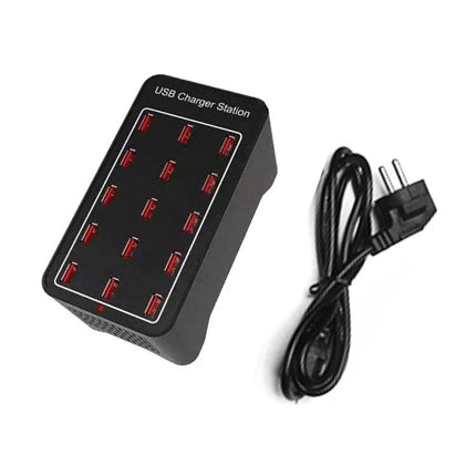 A Versatile USB Charging Station for Daily Home Devices black multi-port charger with 10 USB ports and power cord