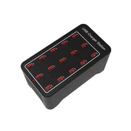 A Versatile USB Charging Station for Daily Home Devices black multiport USB charger with 10 red ports on white background