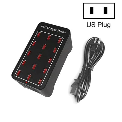 A Versatile USB Charging Station for Daily Home Devices - black multi-port USB charger with 10 red ports and US plug cable