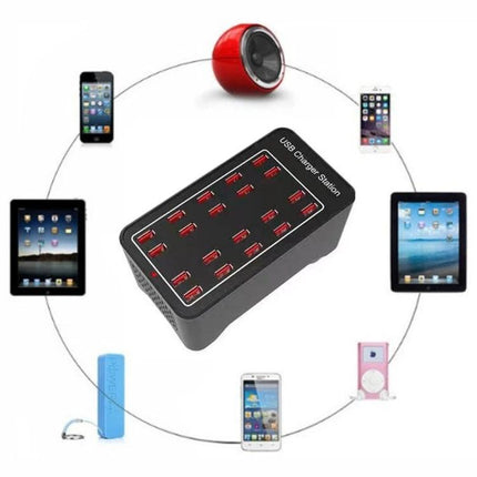 Multi-Port USB Charger Station for Daily Home Device Needs - black 12-port desk charger powering phones, tablets and power banks