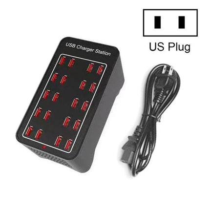 Multi-Port USB Charger Station for Daily Home Device Needs - black 12-port USB charging hub with US plug cord for phones tablets and power banks