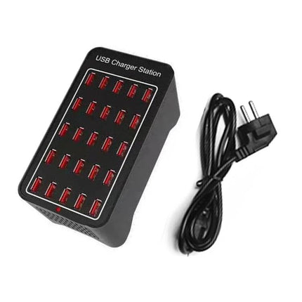 USB Multi-Port Charger Station for Daily Home Device Needs - black multi-USB charging hub with 20 red ports and power cord