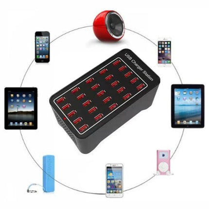USB Multi-Port Charger Station for Daily Home Device Needs — black 16-port USB charging hub with multiple smartphones, tablets and gadgets