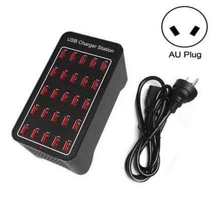 USB Multi-Port Charger Station for Daily Home Device Needs - black 16-port USB charger with AU plug and cable, ideal for charging smartphones and tablets