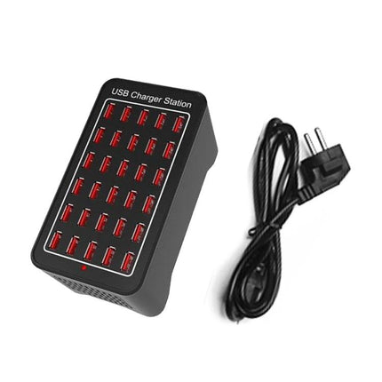 USB Charging Station for Daily Home Device Management black multiport USB charger with power cord, organizing smartphones and tablets