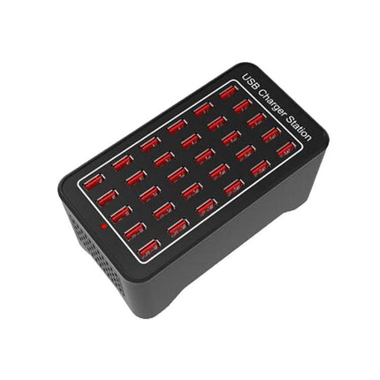 USB Charging Station for Daily Home Device Management showing multi-port black charger with 24 red USB ports, ideal for smartphones and tablets