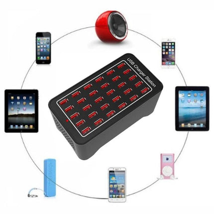 USB Charging Station for Daily Home Device Management black multi-port charger surrounded by smartphones and tablets