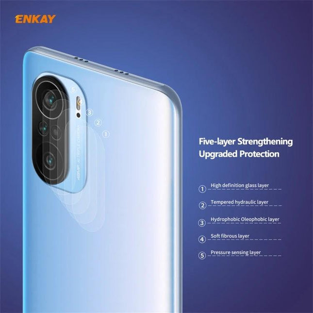 Hat-Prince ENKAY Tempered Glass Camera Lens Protector For Phones shown on phone camera module, five-layer protection against scratches and impacts