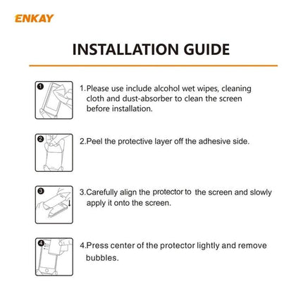 Hat-Prince ENKAY Tempered Glass Camera Lens Protector For Phones installation guide showing cleaning, peel, align and press steps to avoid scratches