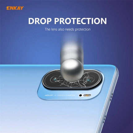 ENKAY Camera Lens Tempered Glass Protector For Everyday Phone Use showing drop protection and cracked impact test on phone camera lens
