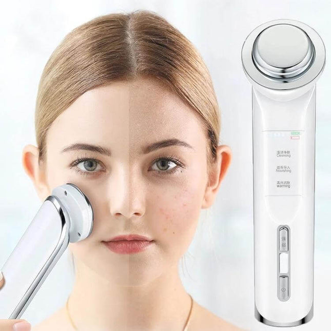 Ion Beauty Face Cleansing Massager for Deep Cleaning showing device and before-after skin improvement