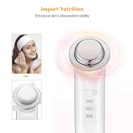 Ion Beauty Face Cleansing Massager for Deep Cleaning showing stainless head and demonstration of deep cleaning and better serum absorption