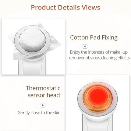 Ion Beauty Face Cleansing Massager for Deep Cleaning showing cotton pad fixing and thermostatic sensor head for gentle deep cleaning