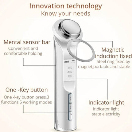 Ion Beauty Face Cleansing Massager for Deep Cleaning - handheld device showing mental sensor bar, magnetic induction, one-key button and indicator light