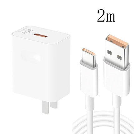 USB Travel Charger with Cables for On-the-Go Device Charging — compact white USB wall charger and 2m USB-A to USB-C cable for smartphones and tablets