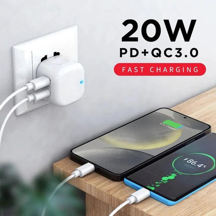 Essential Travel Charger for Keeping Devices Powered on Trips - 20W PD3.0 dual-port wall charger powering two smartphones during travel