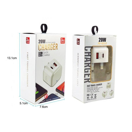 Essential Travel Charger for Keeping Devices Powered on Trips packaged 20W PD3.0 fast travel charger shown in retail box with dimensions