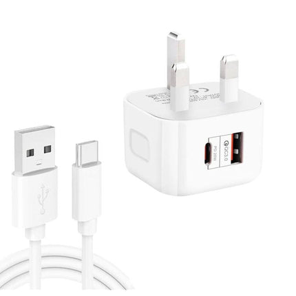 Essential Travel Charger for Keeping Devices Powered on Trips - white 20W PD3.0 USB-C wall charger with USB-A cable for smartphone and tablet