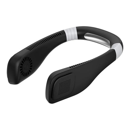 Rechargeable Hands-Free Neck Fan for Outdoor and Office Use - black ergonomic rechargeable neckband with dual fans for walking, hiking, and office cooling