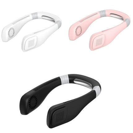 Rechargeable Hands-Free Neck Fan for Outdoor and Office Use — trio of white, pink, and black wearable rechargeable neck fans