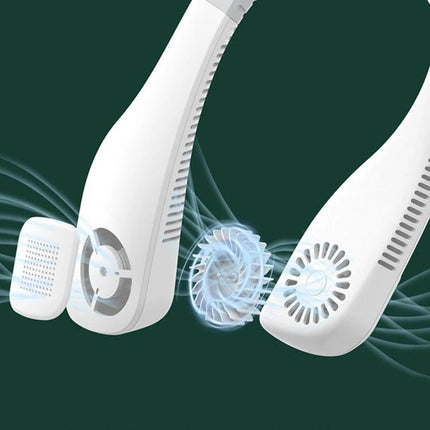 Rechargeable Hands-Free Neck Fan for Outdoor and Office Use showing white wearable fan with visible blades, air flow, and magnetic detachable cover