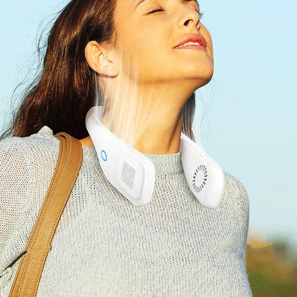 Rechargeable Hands-Free Neck Fan for Outdoor and Office Use worn by smiling woman outdoors providing portable cooling to face and neck