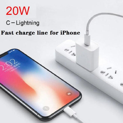 Essential Travel Charger Set for Daily Mobile Use - 20W PD charger with 8‑pin cable charging iPhone on power strip, portable travel charging kit