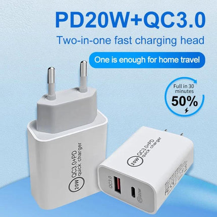 Convenient Travel Charger for Daily Device Needs On the Go - dual PD20W+QC3.0 USB-C and USB-A charger, charges two devices simultaneously