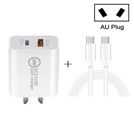 Essential Travel Charger for Everyday Mobile Devices - compact 20W QC3.0+PD AU plug with dual USB-C cable for phone, tablet, earbuds
