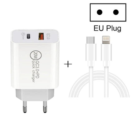 A Practical Travel Charger for Everyday Device Needs - compact 20W EU plug charger with USB-C and Lightning cable for smartphone and tablet