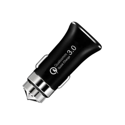 LZ-328 Safety Hammer Car Charger For Everyday Car Use – compact black Qualcomm Quick Charge 3.0 USB car charger with emergency window-break hammer