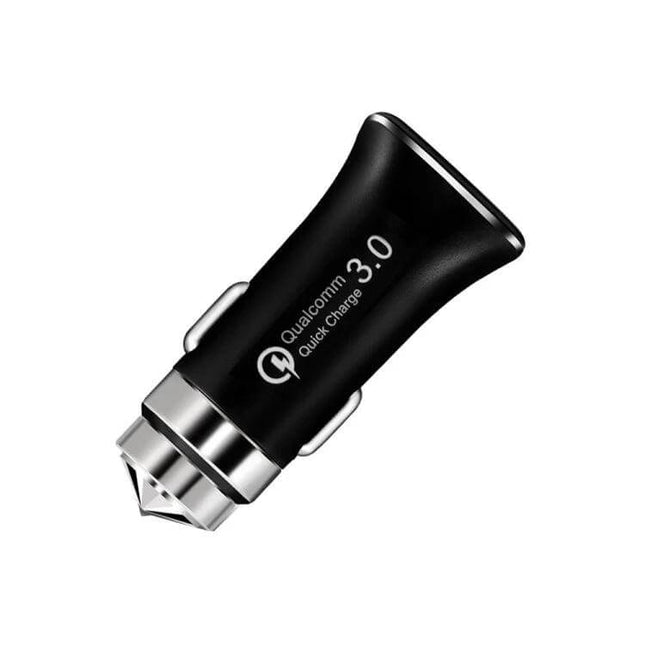 LZ-328 Safety Hammer Car Charger For Everyday Car Use – compact black Qualcomm Quick Charge 3.0 USB car charger with emergency window-break hammer