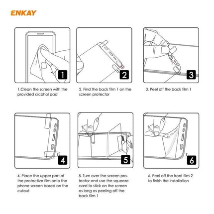 ENKAY Hat-Prince Full Coverage Screen Protector For Smartphones Provides Everyday Protection From Scuffs And Smudges installation steps diagram showing cleaning, peeling films, aligning and applying protector