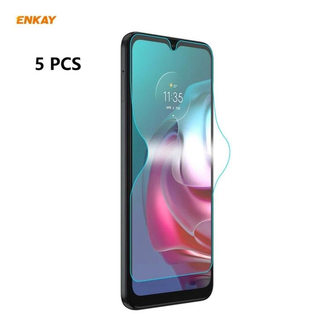 ENKAY Durable Screen Protector For Motorola And Xiaomi Phones slim TPU PET film shows clear edge-fit on smartphone screen, pack of 5 for scratch and impact protection